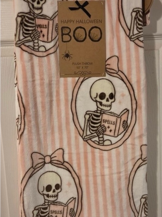 Other - Happy Halloween BOO Pink Striped Skeleton Plush Throw Blanket
 50”X 70” (NWT)